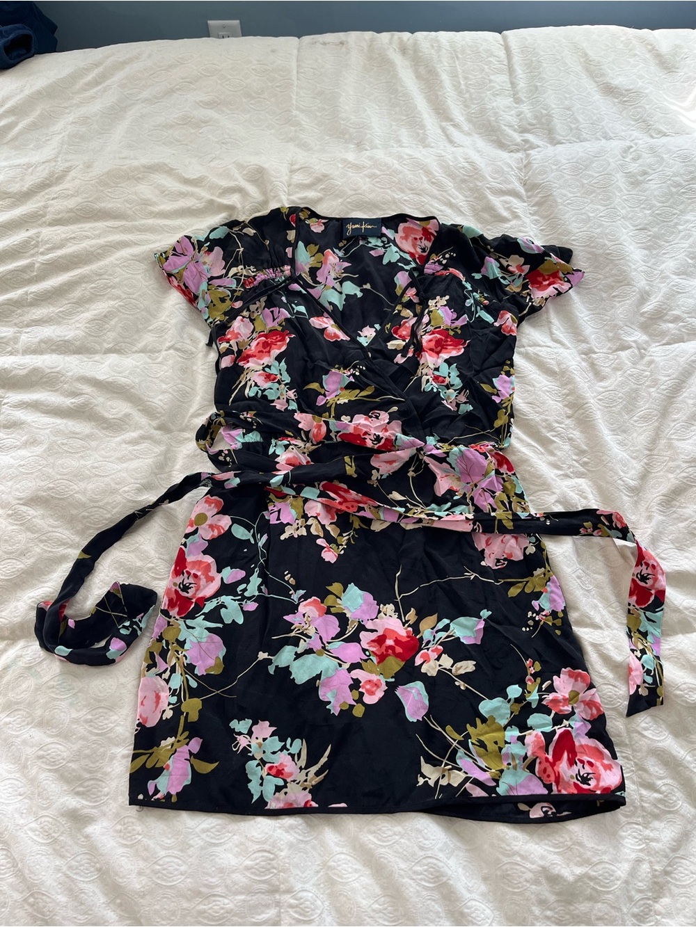 Yumi Kim Floral Wrap Dress - Black with Pink & Mint Flowers size medium
